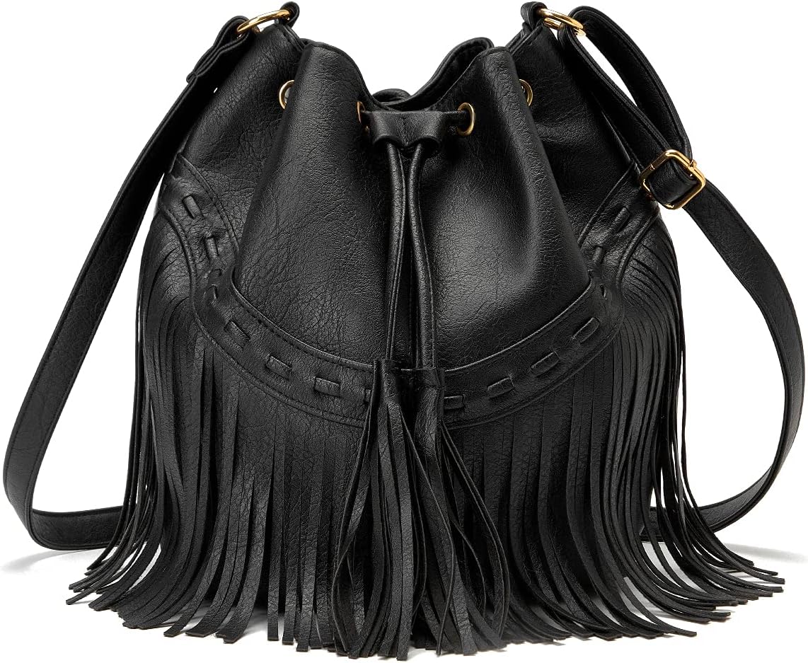 Leather Bucket Bags for Women Crossbody Fringe Purses with Drawstring Ladies Tassel  and Shoulder Handbags